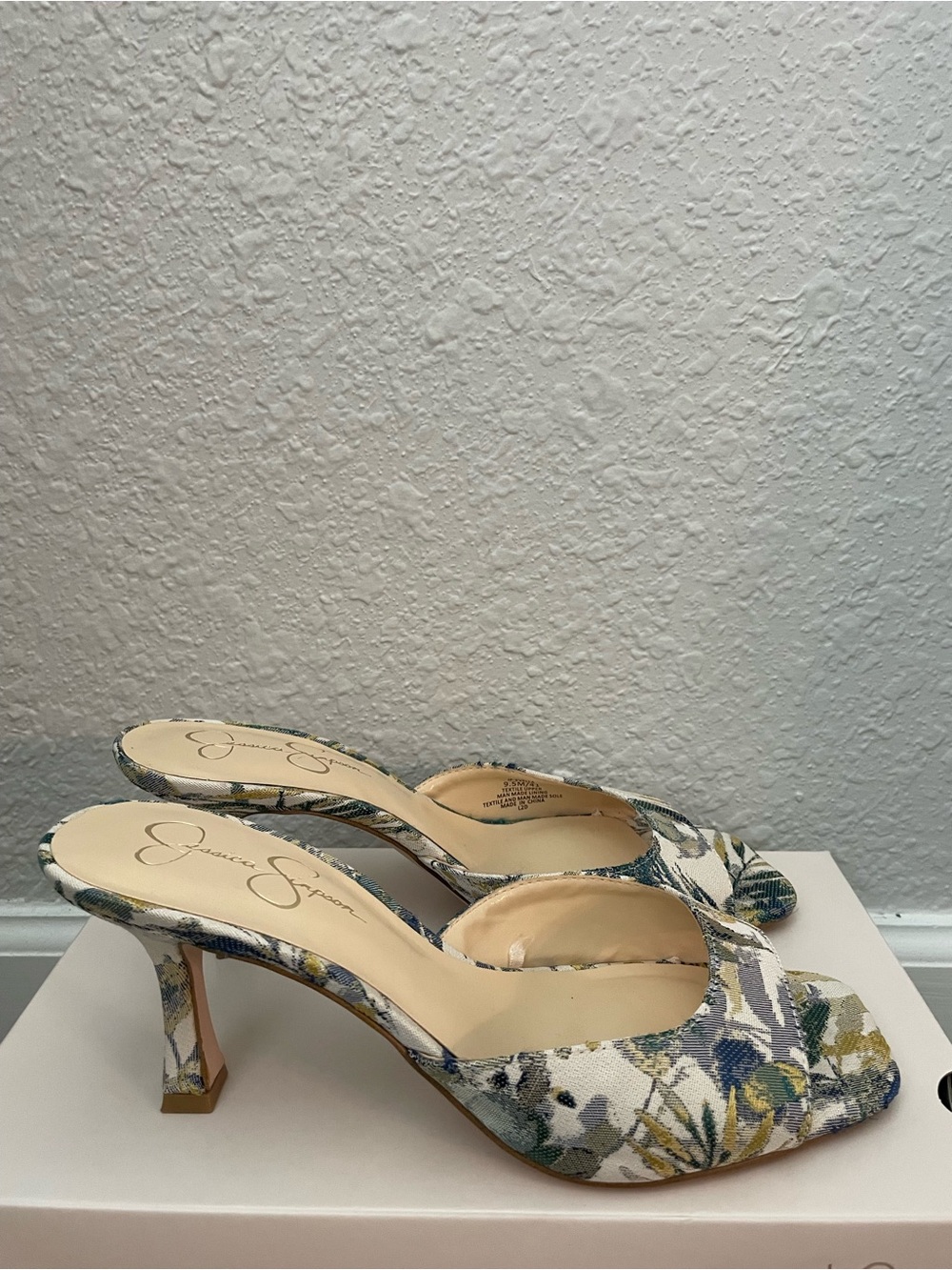 Jessica Simpson Floral Square-Toe Slide Mules | Blue & Green